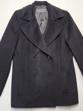 Cashmere Boutique Women's Double Breasted Pea Coat Size 14 Black Wool Blend Warm